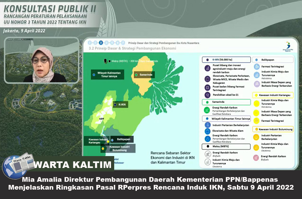 Mia Amalia Direktur Pembangunan Daerah Kementerian PPN/Bappenas Menjelaskan Ringkasan Pasal Rencana Perpres Rencana Induk IKN pada Sabtu, 9 April 2022.
